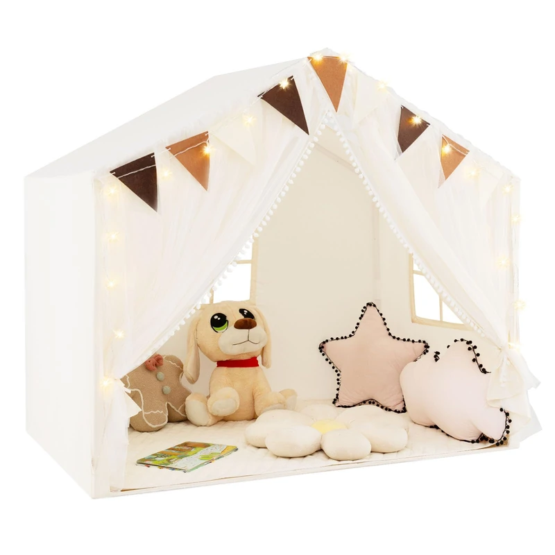 GYMAX Kids Play Tent, Indoor Large Play House with Padded Mat, Door Curtains, Windows, Star Lights & Flags, Toddler Fairy Castle Tent for Girls Boys Gift (Beige)