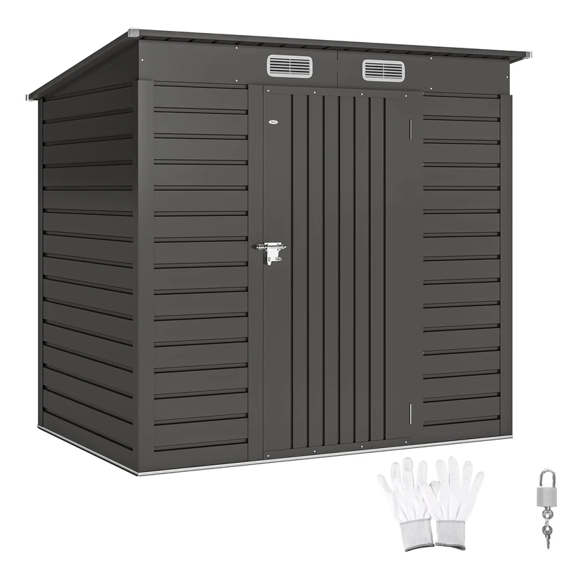 Outsunny 6.3 x 4.3FT Garden Shed, Galvanised Metal Shed, Easy to Assemble, Outdoor Tool Storage Shed with Pent Roof, Lockable Door and 2 Vents, Grey