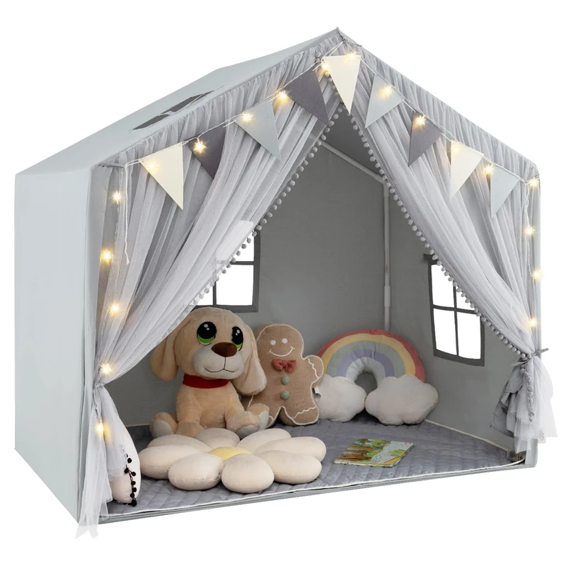 GYMAX Kids Play Tent, Indoor Large Play House with Padded Mat, Door Curtains, Windows, Star Lights & Flags, Toddler Fairy Castle Tent for Girls Boys Gift (Grey)