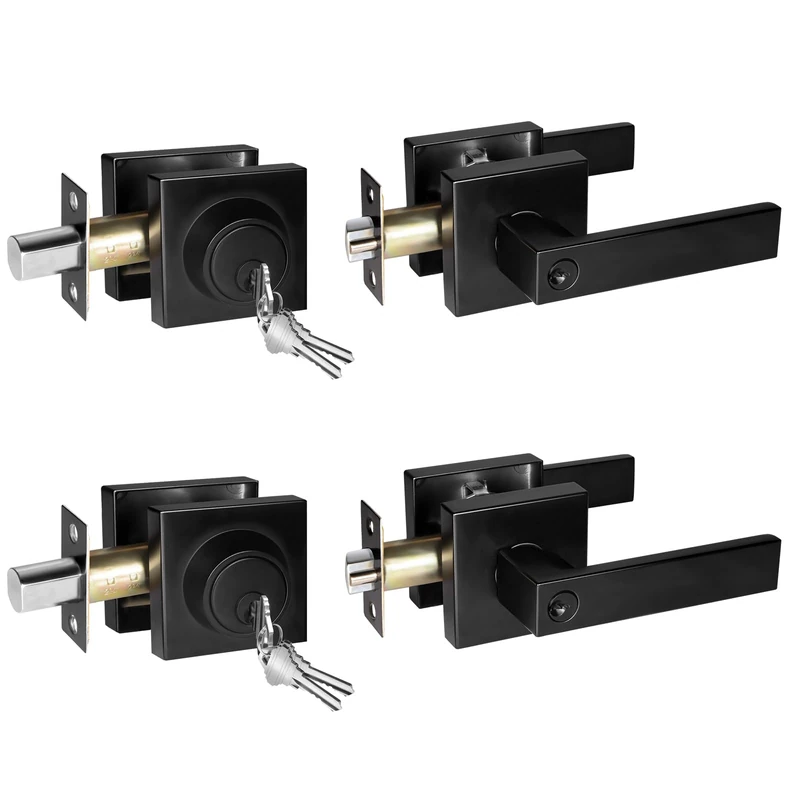 Matte Black Entry Door Lock and Deadbolt Combo, 2 Pack, Keyed Alike Square Door Lock Sets with Lever for Entrance, Heavy Duty Exterior Door Lockset with Deadbolt, All Same Keys
