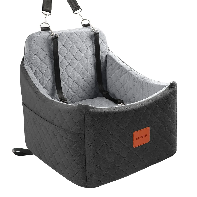 INDYBUD Dog Car Seat for Small Medium Dogs,Detachable Washable Dog Booster Seat Under 35lbs, Pet Car Seat Travel Bed with Storage Pockets and Safety Belt (Black/Grey, Medium)