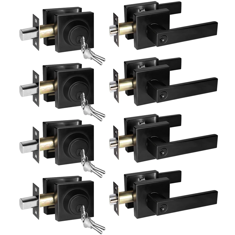 Black Front Door Handle and Single Cylinder Deadbolt Set, 4 Pack, Square Door Handle and Deadbolt Set, Door Locks for Front Door with Deadbolt for Office and Home Security, All Same Keys