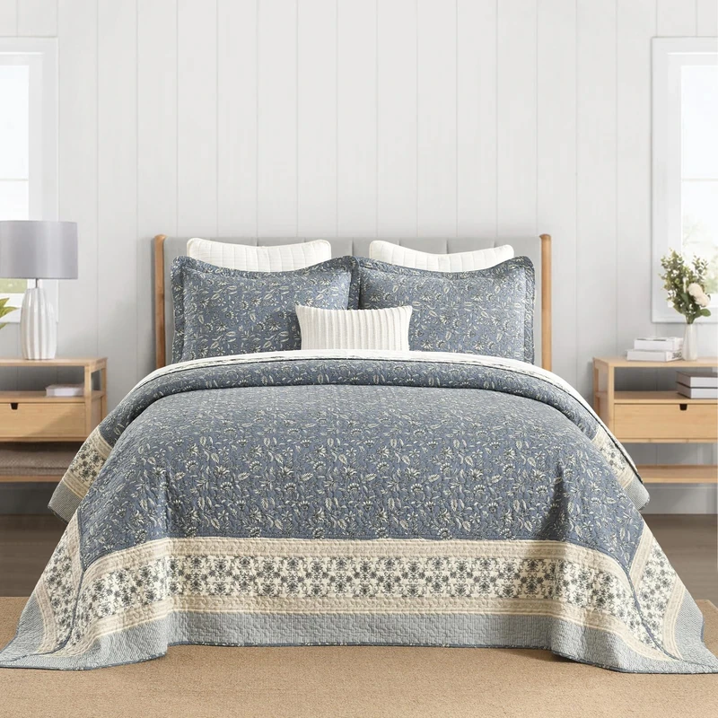 FineStichery 100% Cotton Oversized Quilt 120"x102", Extra Large Queen Bedspread, Farmhouse Botanical Bed Spreads Coverlet, Lightweight Quilted Bedding Cover, 3 Piece, Grayish Blue/Beige