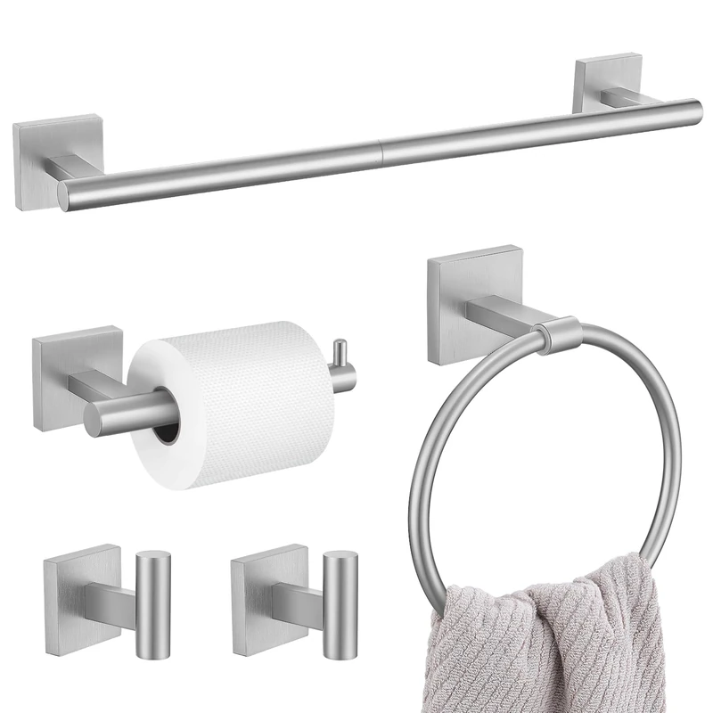 Towel Bar Set, 5pcs Bathroom Hardware Set 304 SUS Round Wall Mounted, Includes 23.6” Towel Bar, 16” Towel Holder, Toilet Paper Holder and Towel Hook, Bathroom Accessories Set Brushed Nickel
