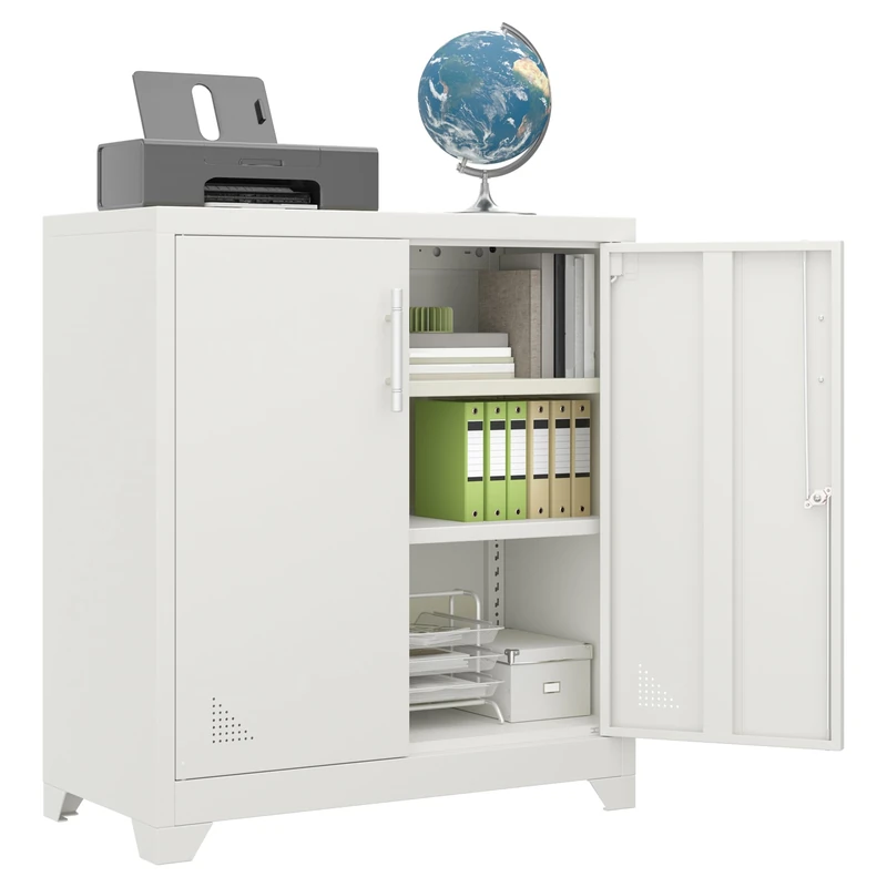 DWVO Office Storage Cabinet, Metal Office Storage Cupboard with 2 Adjustable Shelves, Lockable Filing Cabinets with Ventilation Holes for Home Office Garage Gym School, 80 x 40 x 90cm, White - Image 1