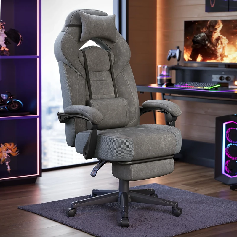 SONGMICS Gaming Chair, Office Computer Chair, Ergonomic Design, with Footrest, Adjustable Headrest, Lumbar Support, 150 kg Load Capacity, Slate Grey OBG077G01