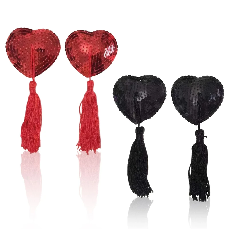 Luokeily Nipple Covers Reusable Adhesive Nipple Stickers Women Reusable Breast Pasties, Heart-Shaped Breast Bra with Sequins Tassel Adhesive Nipple Cover Stickers Heart-Shaped Breast Bra (RED+BLACK)