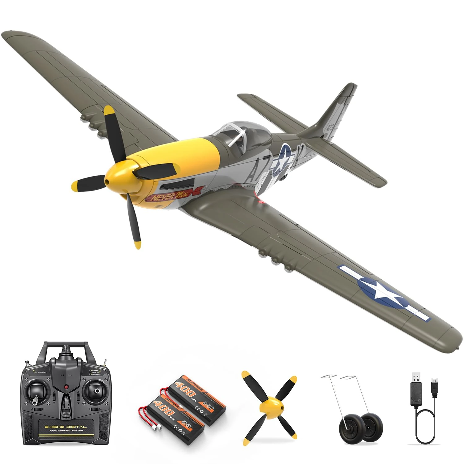 HAWK'S WORK RC Plane P-51D Mustang 500mm, 4 Channel Remote Control Warbird RTF, Brushless Motor 6-axis Gyro 3 Flight Modes, Easy to Fly for Beginners Boys & Adults （Green）
