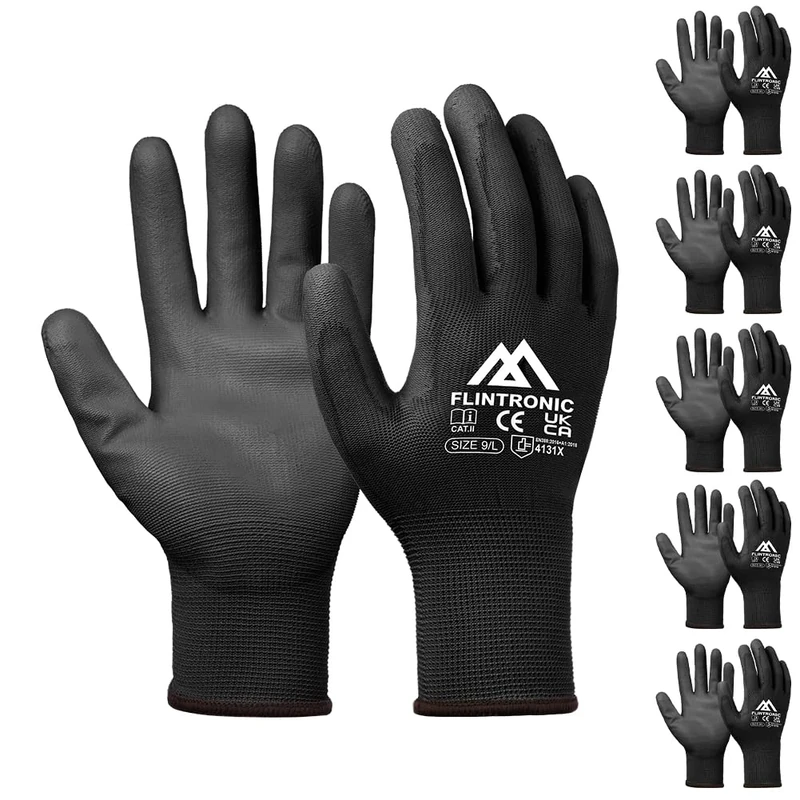 Flintronic 6-Pair Non-Slip PU-Coated Scratchproof Work Gloves, Firm Grip for General Duty and Gardening (L - Size 9, Black)