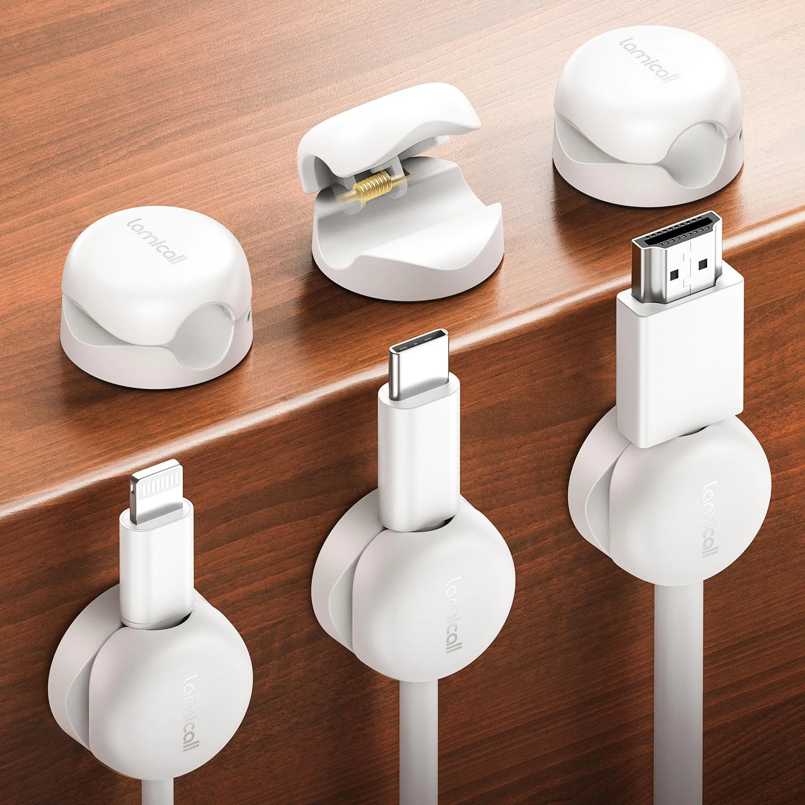 Lamicall [6 Pack] Spring Cable Holder Clips - [20% Smaller Volume] No-residue Cable Management, Cord Organiser, Desk Tidy, Phone Charging Wire Keeper for USB, HDMI, Wall, PC, Car, Office, Home - White