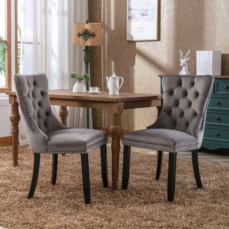Merax Dining Chairs Set of 2, Modern Upholstered Seating for Kitchen, Featuring Solid Wood Legs, Riveted Trim, Chrome Knocker Ring, High-end Tufted Design, Soft Velvet Upholstery, Grey