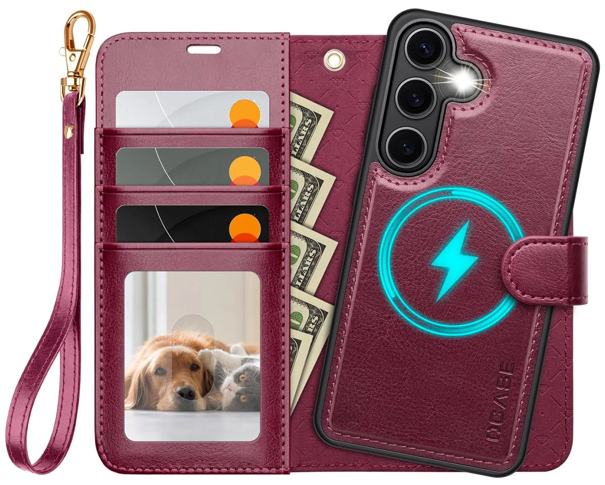 OCASE for Samsung Galaxy S25 Case, Detachable 2 in 1 PU Leather Wallet Case with RFID Blocking, Wireless Charging, Card Holders, Kickstand, Shockproof Removable Phone Cover, Burgundy
