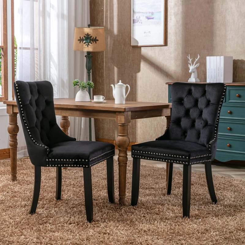 Merax Dining Chairs Set of 2, Modern Upholstered Seating for Kitchen, Featuring Solid Wood Legs, Riveted Trim, Chrome Knocker Ring, High-end Tufted Design, Soft Velvet Upholstery, Black