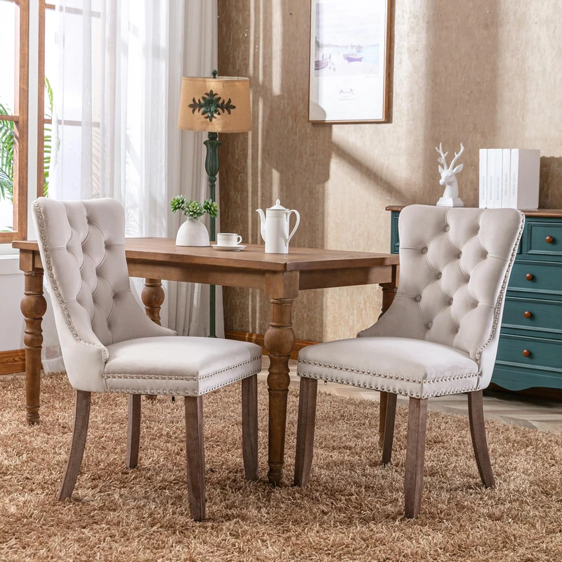 Merax Dining Chairs Set of 2, Modern Upholstered Seating for Kitchen, Featuring Solid Wood Legs, Riveted Trim, Chrome Knocker Ring, High-end Tufted Design, Soft Velvet Upholstery, Beige