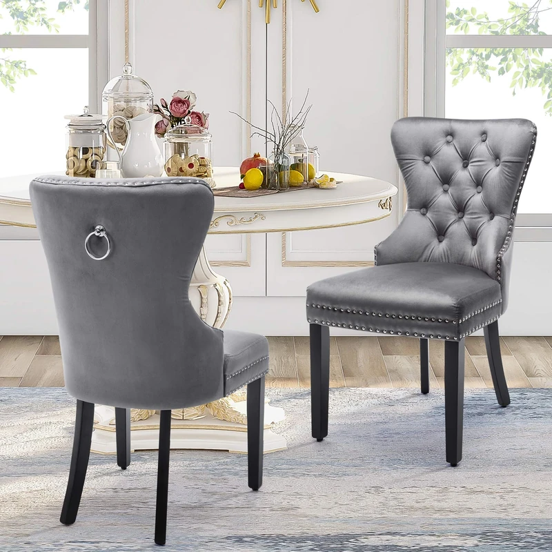 Merax Dining Chairs Set of 2, Modern Upholstered Seating for Kitchen, Featuring Solid Wood Legs, Riveted Trim, Chrome Knocker Ring, High-end Tufted Design, Soft Velvet Upholstery, Grey
