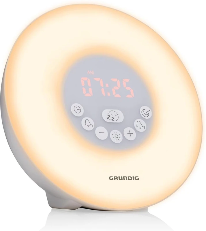 GRUNDIG Light Alarm Clock with FM Radio Daylight Alarm Clock with 10 Natural Sounds Colour Changing LED and Zone Simulation Snooze and Timer Function White