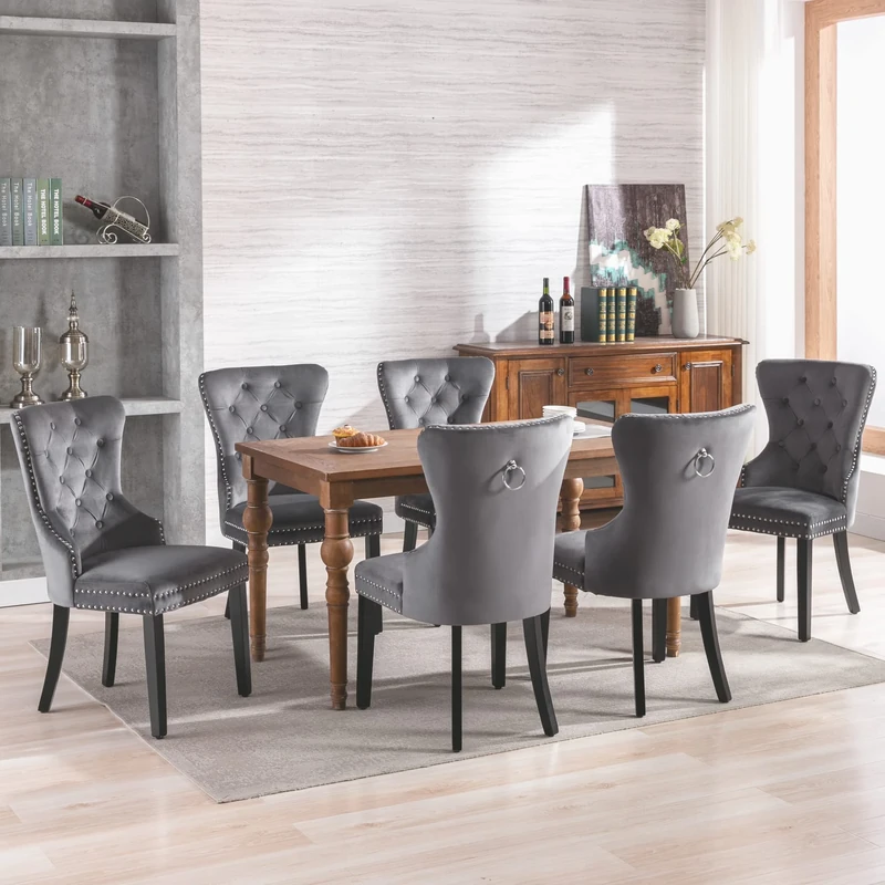 Merax Dining Chairs Set of 6, Modern Upholstered Seating for Kitchen, Featuring Solid Wood Legs, Riveted Trim, Chrome Knocker Ring, High-end Tufted Design, Soft Velvet Upholstery, Grey