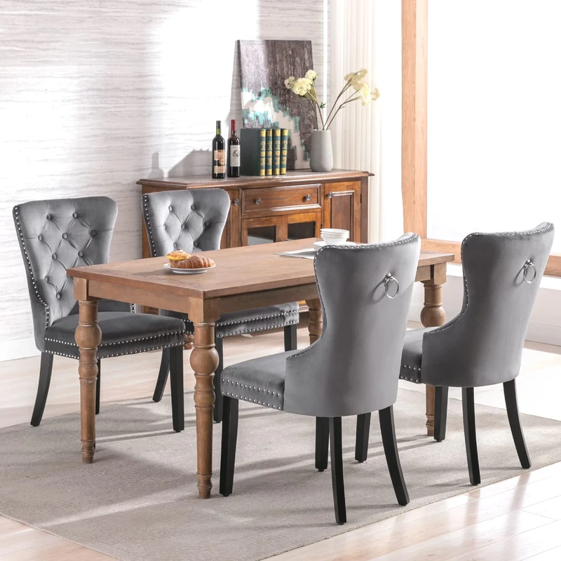 Merax Dining Chairs Set of 4, Modern Upholstered Seating for Kitchen, Featuring Solid Wood Legs, Riveted Trim, Chrome Knocker Ring, High-end Tufted Design, Soft Velvet Upholstery, Grey