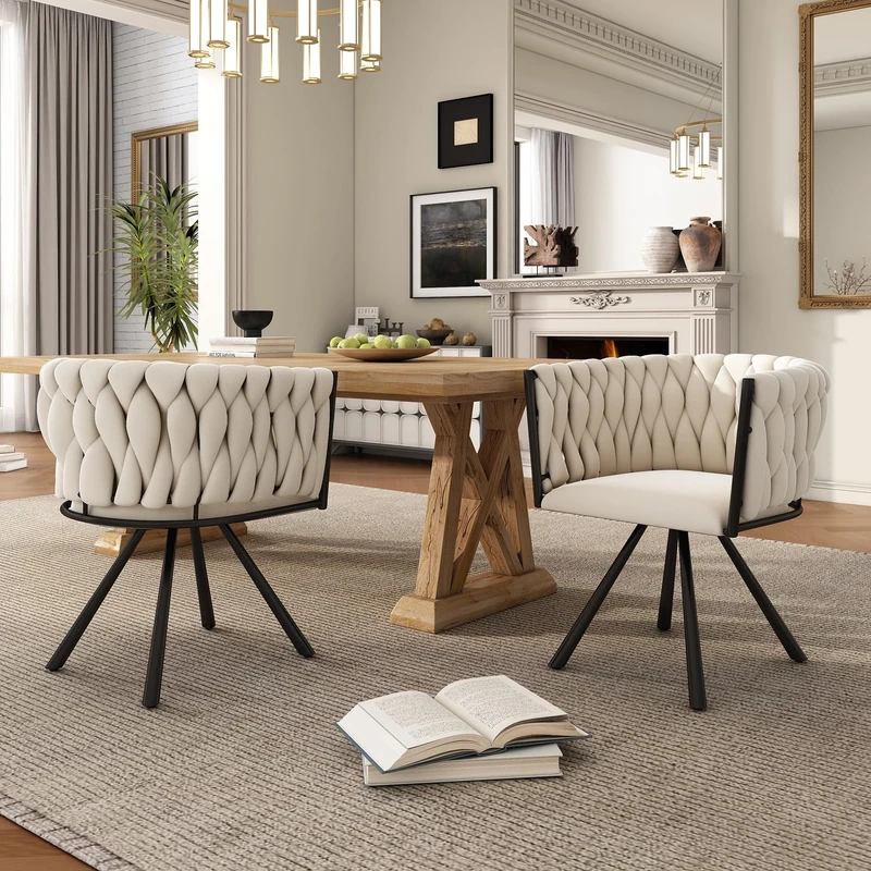 Merax Dining Chairs Set of 2, Modern Upholstered Seat for Kitchen, Living Room, or Bedroom, Featuring a Light Luxury Leisure Swivel Design with Sturdy Metal Legs and Soft Velvet Upholstery, Beige