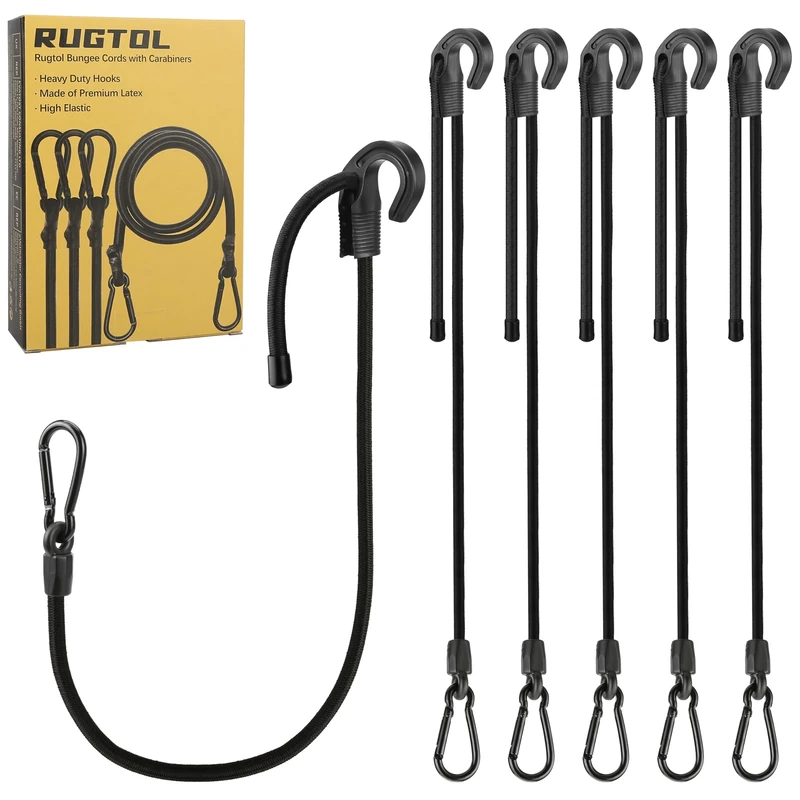 Bungee Cords with Hooks, Upgrade 80 cm Adjustable Bungee Cords with Carabiner Heavy Duty, Easy to Adjust from 17 to 80 cm Rubber Black Elastic Straps with Clip for Outdoor, Secure, Tarps, 6 Pack