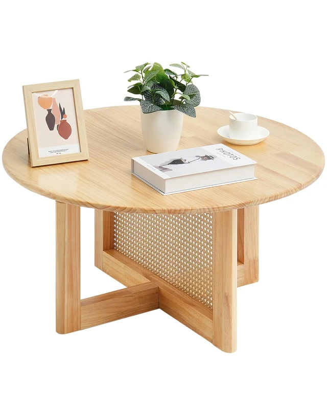 VEVOR Round Rattan Woven Wood Coffee Table with Rubber Wood Top, 33 in Modern Boho Circular Storage Coffee Table with Natural Wood Legs, for Living Room, Bedroom & Small Spaces - Image 1
