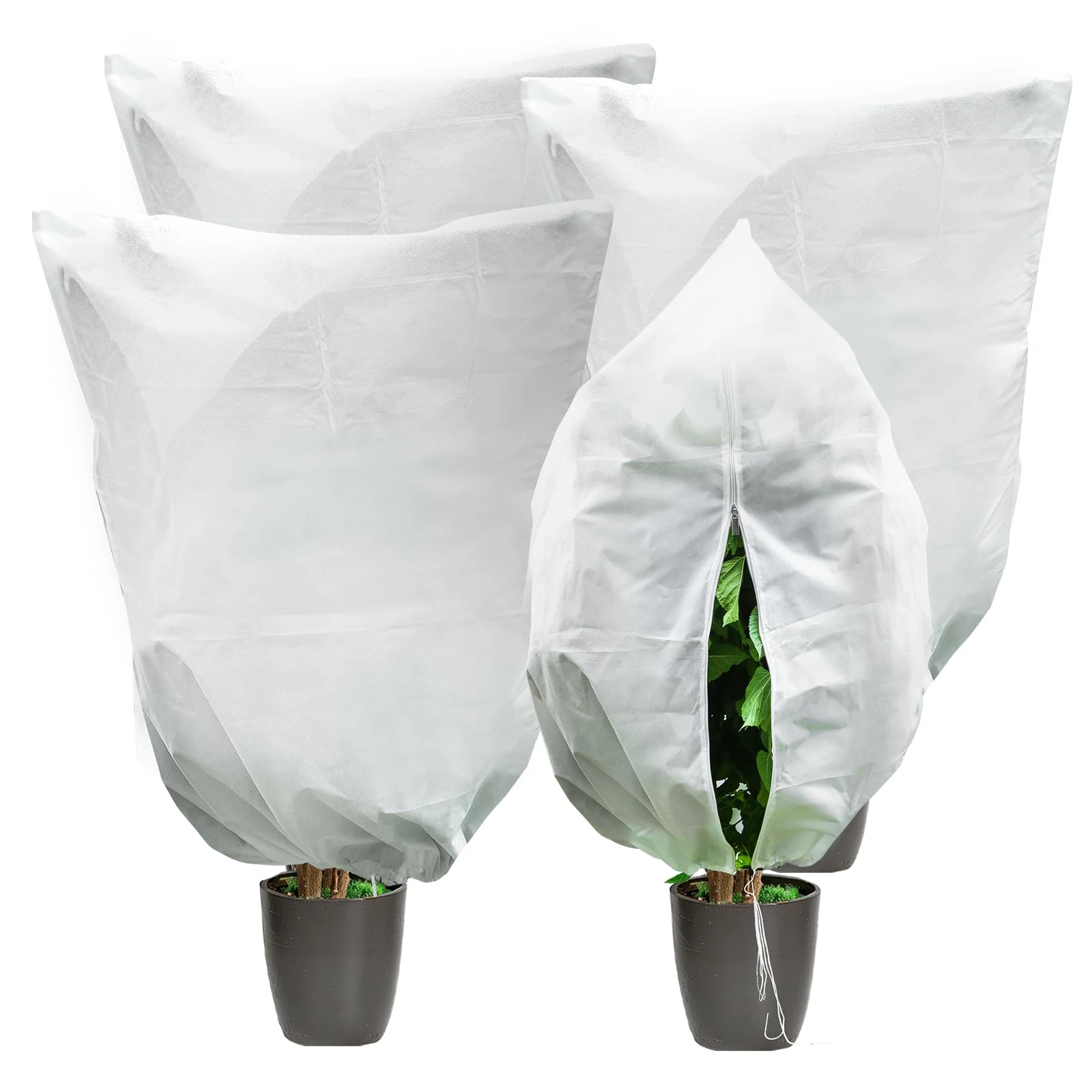 GROWNEER 4 Pcs 80x100 CM Plant Covers, 80gsm Plant Covers Freeze Protection, Frost Cloths for Outdoor Plants with Zipper Drawstring, Garden Winter Frost Shrub Jacket Covers
