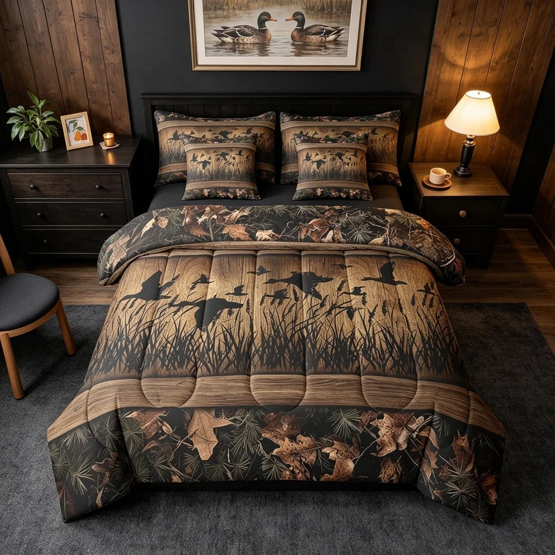 Erosebridal 7 Piece Camouflage Bedding Set with Flat Sheet for Kids Boys Men Rustic Farmhouse Cabin Bed in a Bag Queen Size Hunting Waldente Bedding Set