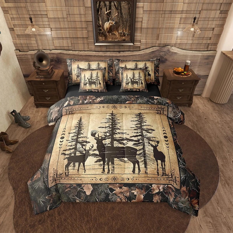 Erosebridal Camo Deer King Comforter Set 7 Piece for Kids Boys Teen,Tree Branches Camouflage Hunting Bedding Set Woodland Animal Bed in A Bag Retro Pine Tree Wildlife Sheet Set with Comforter