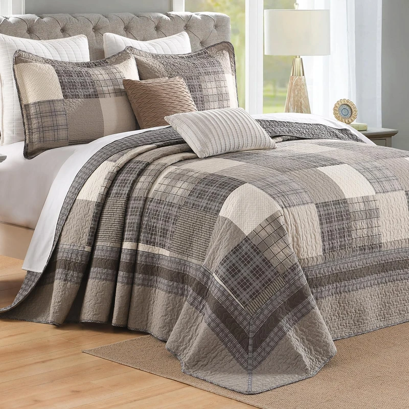 DDUOXIN Queen Bedspread 102" W x120 L - 100% Cotton Lightweight Oversized Quilt with 2 Pillow Shams, Farmhouse Plaid Reversible Bedspreads, Brown/Beige/Khaki/Silver Birch
