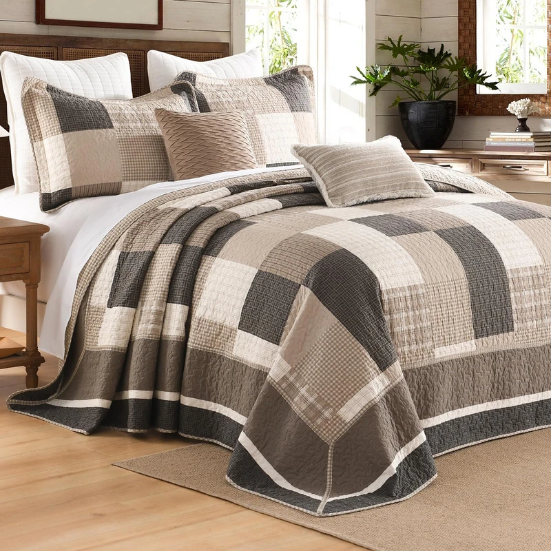 DDUOXIN Queen Bedspread 102" W x120 L - 100% Cotton Lightweight Oversized Quilt with 2 Pillow Shams, Farmhouse Plaid Reversible Bedspreads, Brown/Beige/Oatmeal