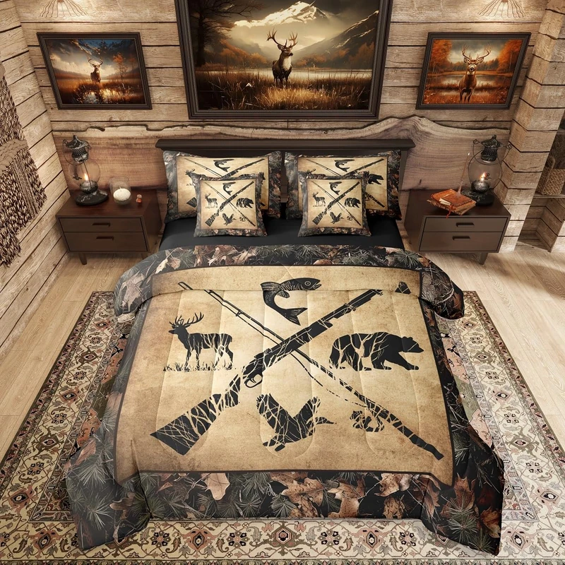 Erosebridal Hunting and Fishing Comforter Set Twin 7 Piece Tree Camo Bedding Set with Sheets for Kids Adults Woodland Wildlife Bass Fish Duck Bear Deer Bed in A Bag Rustic Farmhouse Cabin Bed Set