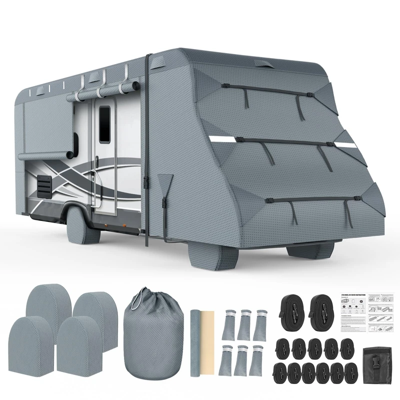 DenForste Class C RV Cover, 23'-26' Camper Cover, Upgraded 7-Layer UV Protected Travel Trailer Cover, Wind and Water Resistant with Extra Harness, Tire Cover and Gutter Cover