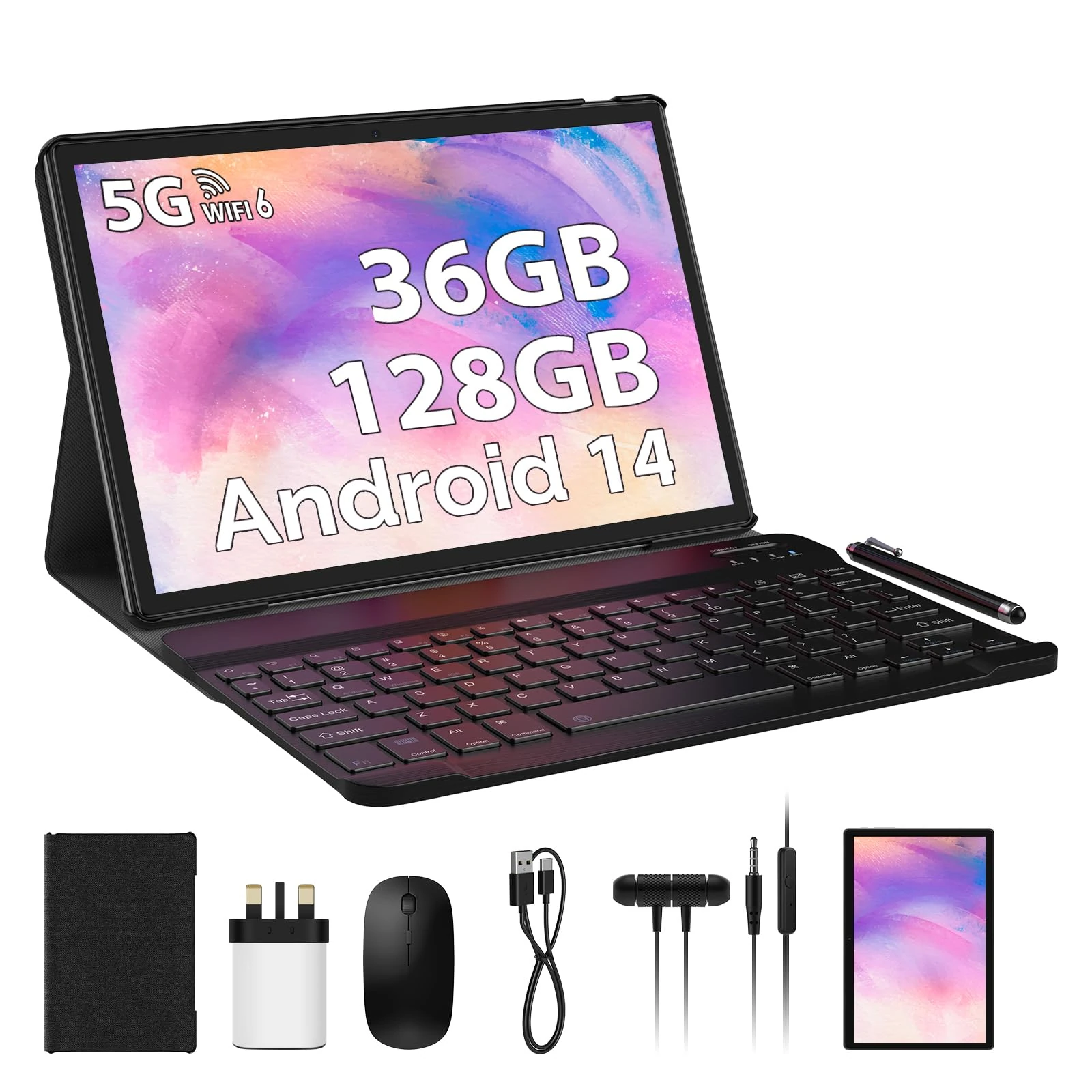 LINROM 10 Inch Android 14 Tablet with 5G WiFi & WiFi 6, 36GB RAM+128 GB ROM(1TB Expandable), Octa Core, 8000mAh, 5MP+8MP, FHD, WLAN, Bluetooth, GPS, Tablet with Keyboard ect (Gray)