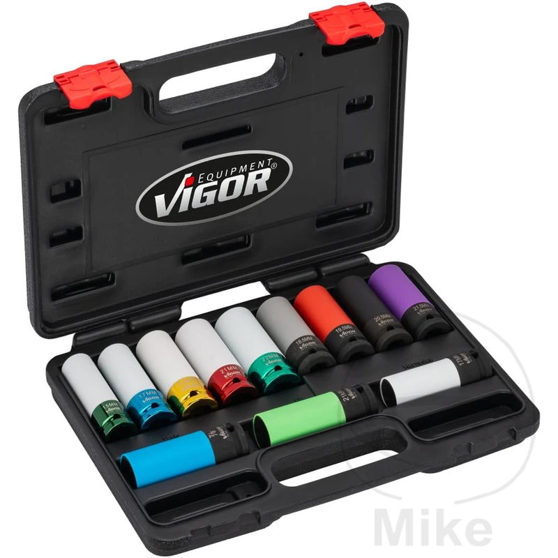 Vigor V6312/12 Socket Wrench Set for Impact Wrench, 12 Pieces, Wheel Bolt Protection with Plastic Case, Suitable for KIA, Hyundai, Mercedes, Benz, Sizes SW 15-22.2 mm - Image 1