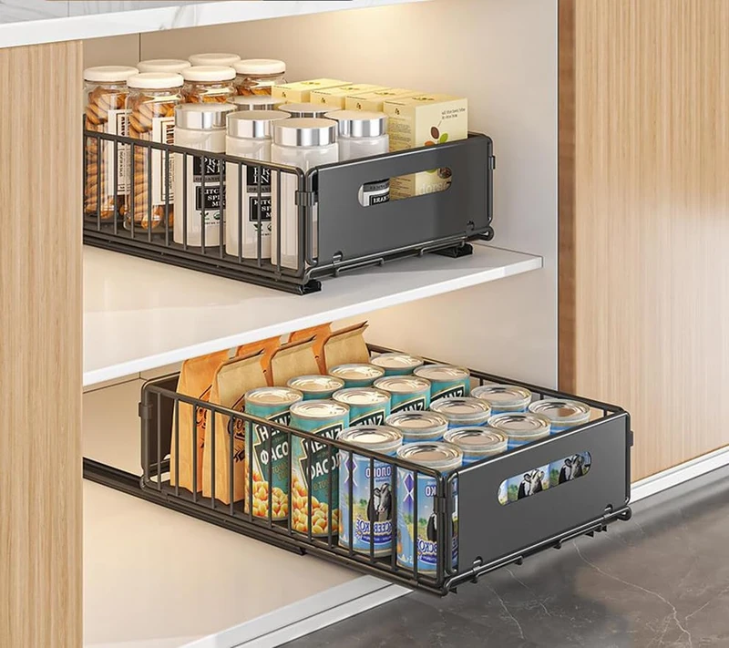 Zstar Pack of 2 Telescopic Drawer, Foldable Extendable Cabinet Organiser, Extendable Drawer Storage Shelves for Kitchen Cabinets, S, Height 10 cm