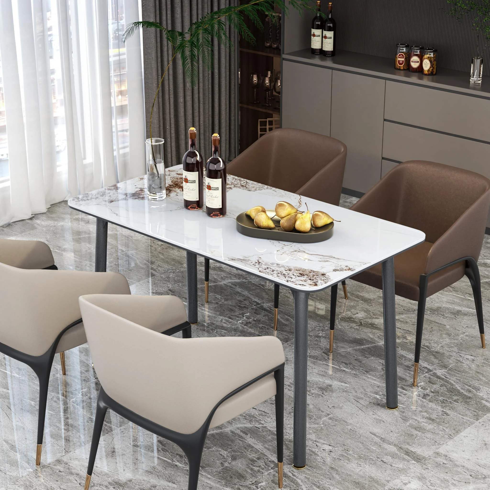 Large Kitchen Dining Table Outdoor: Long Dining Table 160 x 80 x 78cm Rich Pattern Texture White Sintered Stone Marble Tabletop and Tempered Glass Top with Sturdy Aluminum Legs Dinner Table