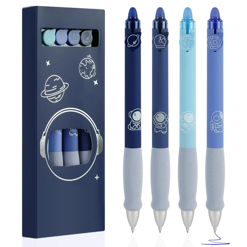OFFCUP Erasable Gel Pens, 4pc 0.5mm Blue Gel Ink Eraser Pens, Cute Rollerball Retractable Pen for Kids Adults Writing Stationary (Blue Astronaut)