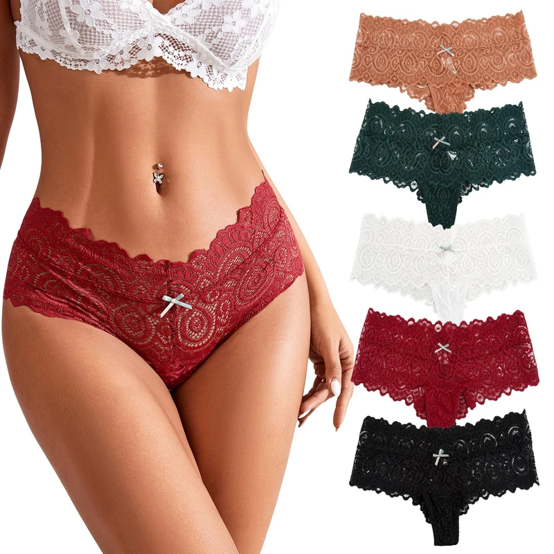 Amexo 5Pcs Women's Lace Thongs Sexy Ladies Knickers Mid Waist Lace Panties Sexy Plus Size Underpants for Ladies (UK, Alpha, M, Regular, Regular, 5 Colors)