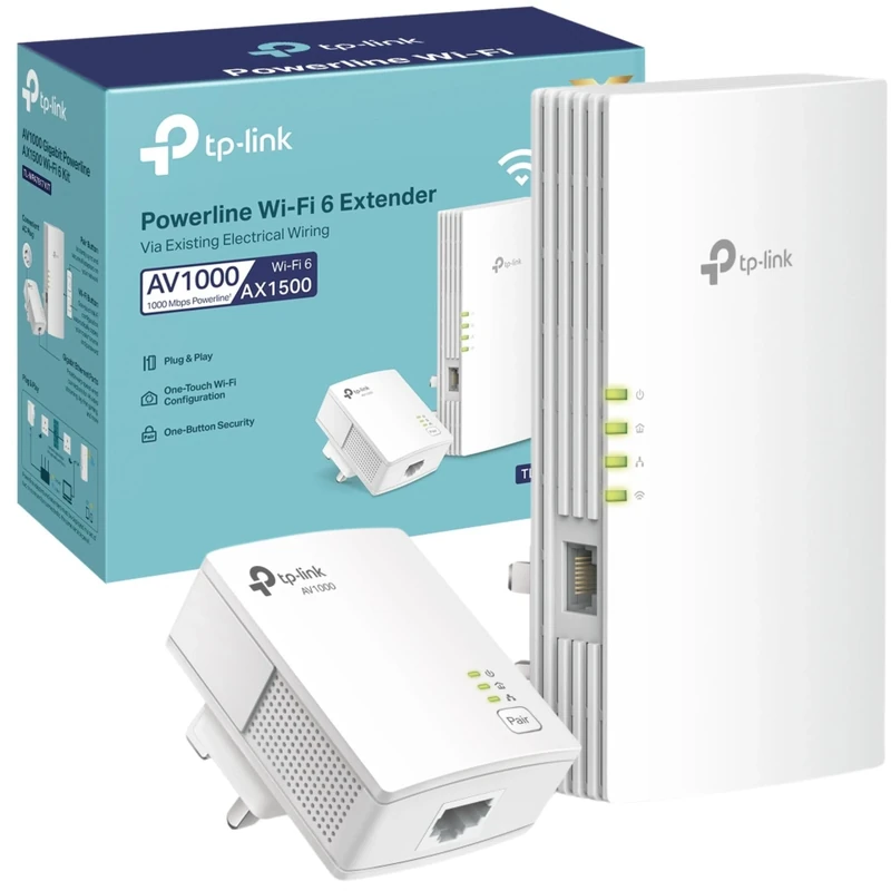 TP-Link TL-WPA7817 KIT AV1000 Powerline Adapter, AX1500Mbps WiFi 6 Internet Booster, 300 Meters Range, EasyMesh, Gigabit Ethernet Port, Flexibly Create Whole Home Mesh WiFi Extender, Plug & Play