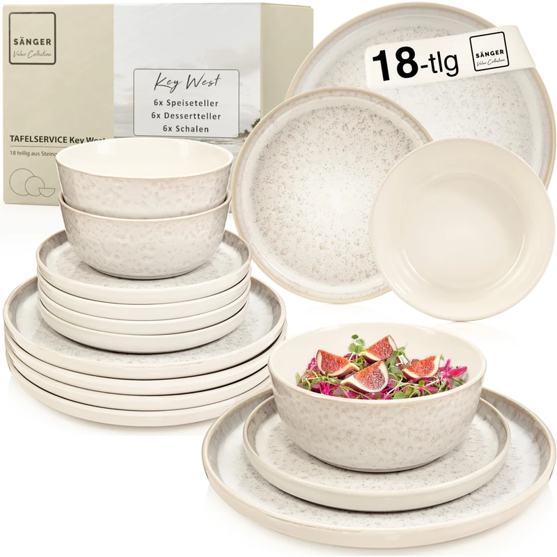 SÄNGER Key West Stoneware Crockery Set, 18 Pieces, Plate Set for 6 People, 6 x Dinner Plates, 6 x Cereal Bowls, 6 x Dessert Plates, Dinner Service Cream with Sandy Grain Value Collection