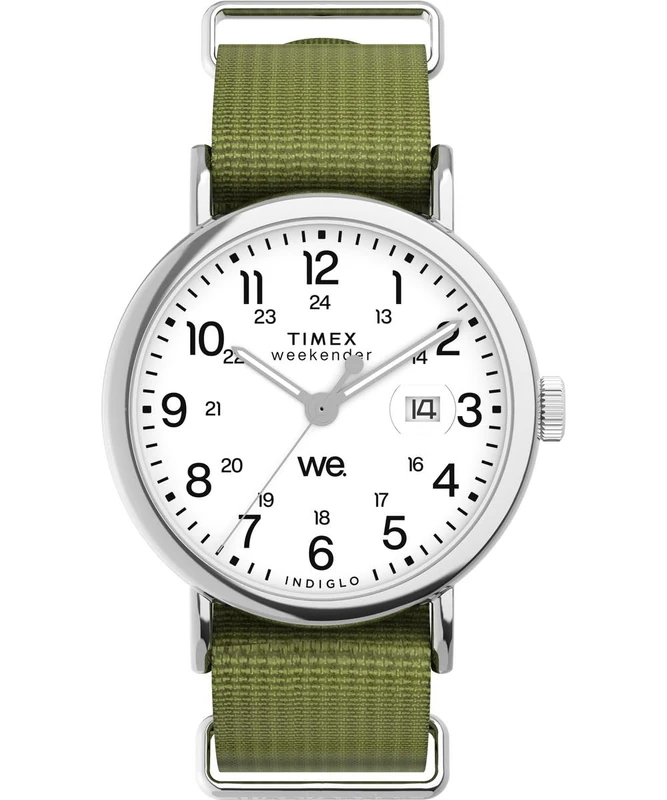 Timex Men's Weekender 40 mm Watch - Green Fabric Strap with White Dial and Silver-Tone Case TW2W86000 - Image 1