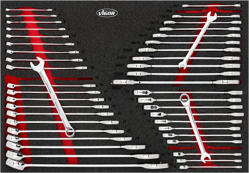 Vigor Double Combination Spanner, Combination Spanner and Ratchet Combination Spanner Set 45-Piece V6724N, Sizes 6 x 7 to 30 x 32 mm, Versatile Tool Set
