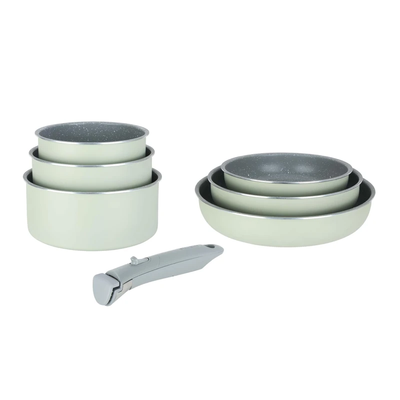 Sitram 716939 716939 Cookware Set with Healthy Ceramic Coating Stone Effect Green – 7 Pieces: 3 Frying Pans Diameter 20.24.5 cm + 3 Saucepans Diameter 16.18 cm + Removable Handle, Suitable for All - Image 1