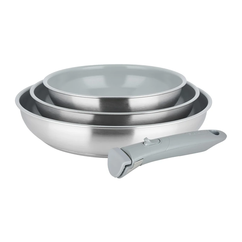 Sitram Arpege 716941 Set of 3 Stainless Steel Frying Pans Diameter 20,24,28 mm - Healthy Ceramic Stone Effect Coating - Removable Handle - Suitable for All Heat Sources Including Induction