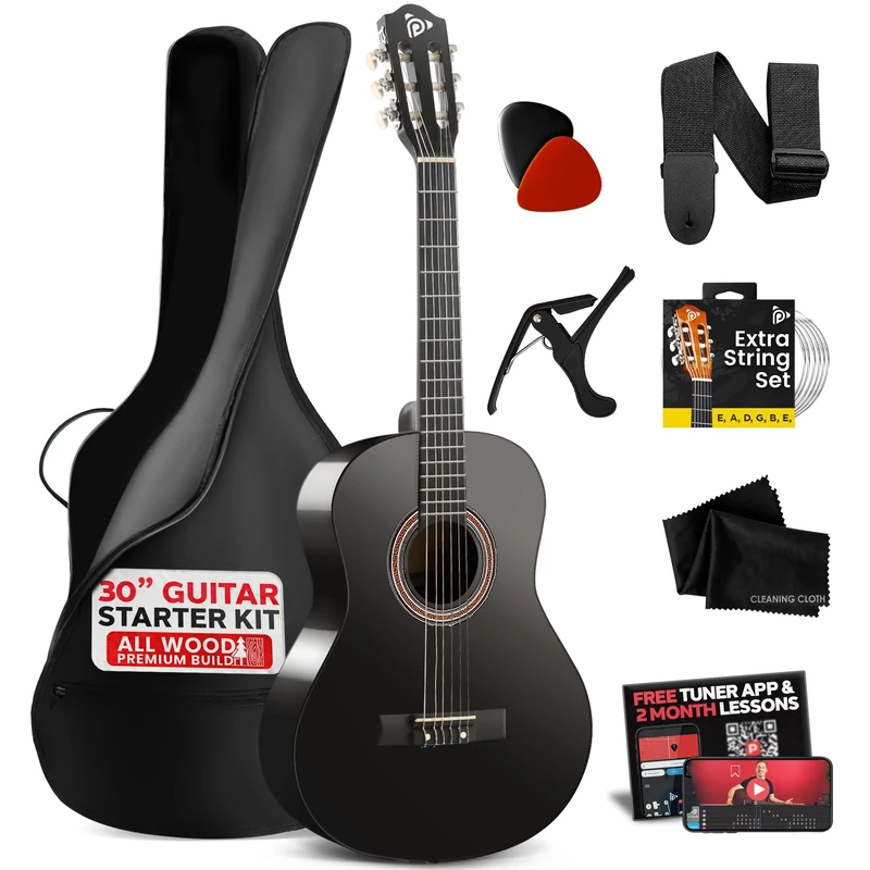 Pyle Beginner Acoustic Guitar, Junior Size 76 cm, All Wood Build Nylon String with Capo Strap, Extra String Set, and Gig Bag Acoustic, For Kids Adults Youth Classical Kit Black Gloss