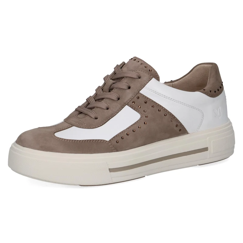 CAPRICE Women's Low-top Leather Sneakers with Rhinestones, Brown (Mud/White), 5.5 UK