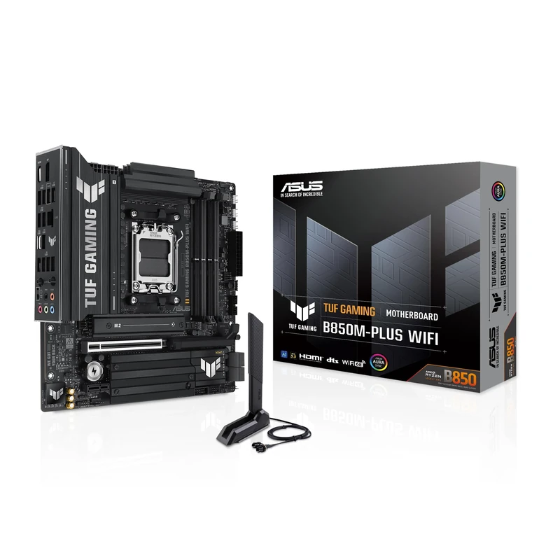ASUS TUF GAMING B850M-PLUS WIFI AMD mATX motherboard, 14+2+1 80A DrMOS power stages, DDR5, PCIe 5.0 Ready, 3xM.2 slots, Wi-Fi 6E, Realtek 2.5Gb Ethernet, DisplayPort, HDMI, BIOS FlashBack, Aura Sync