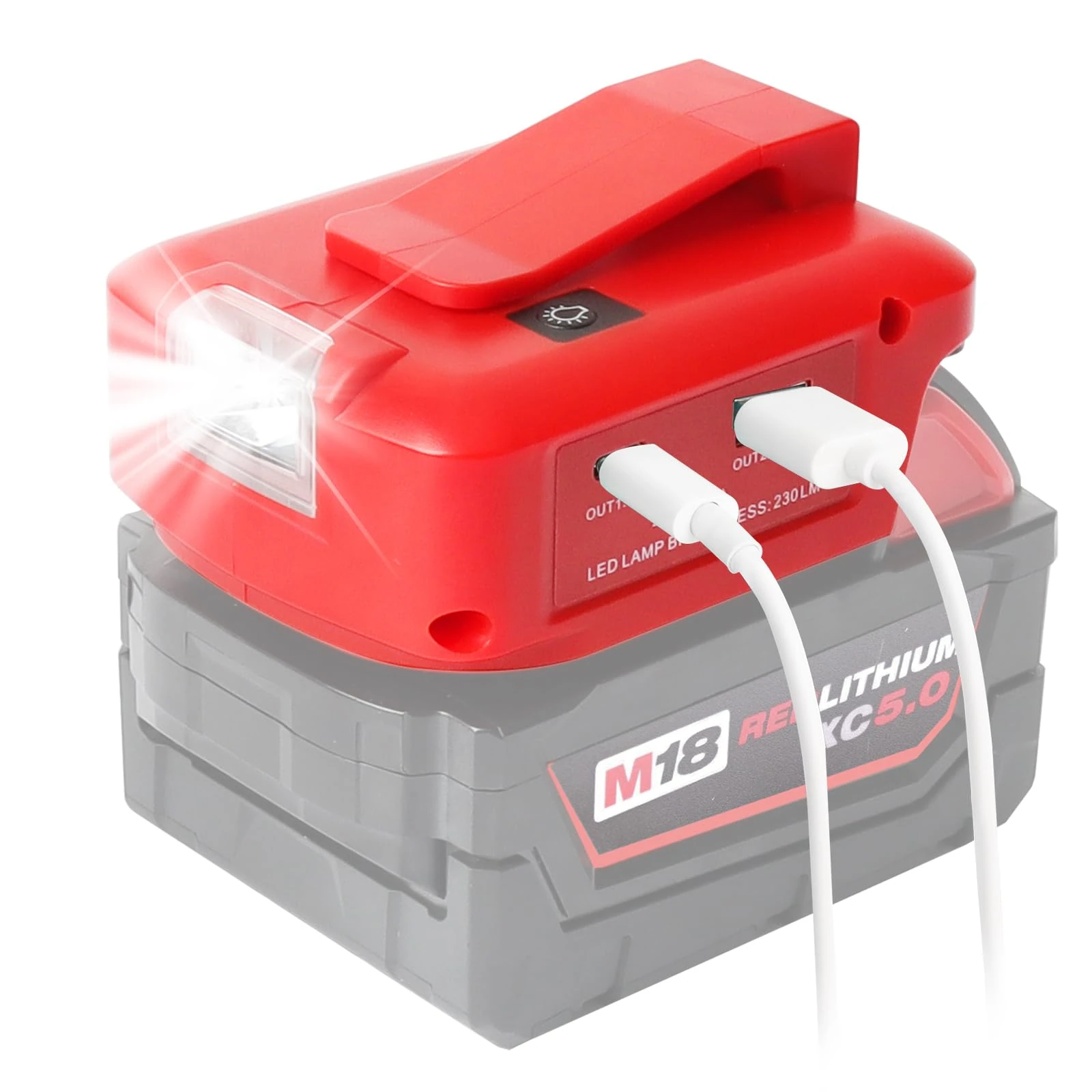 QUPERR - Power Source USB Battery Adapter for Milwaukee M18 18V Battery, LED Work Light Converter with a pair of USB Phone Charger interface, with DC Port Cordless Flashlight（Adapter Only）