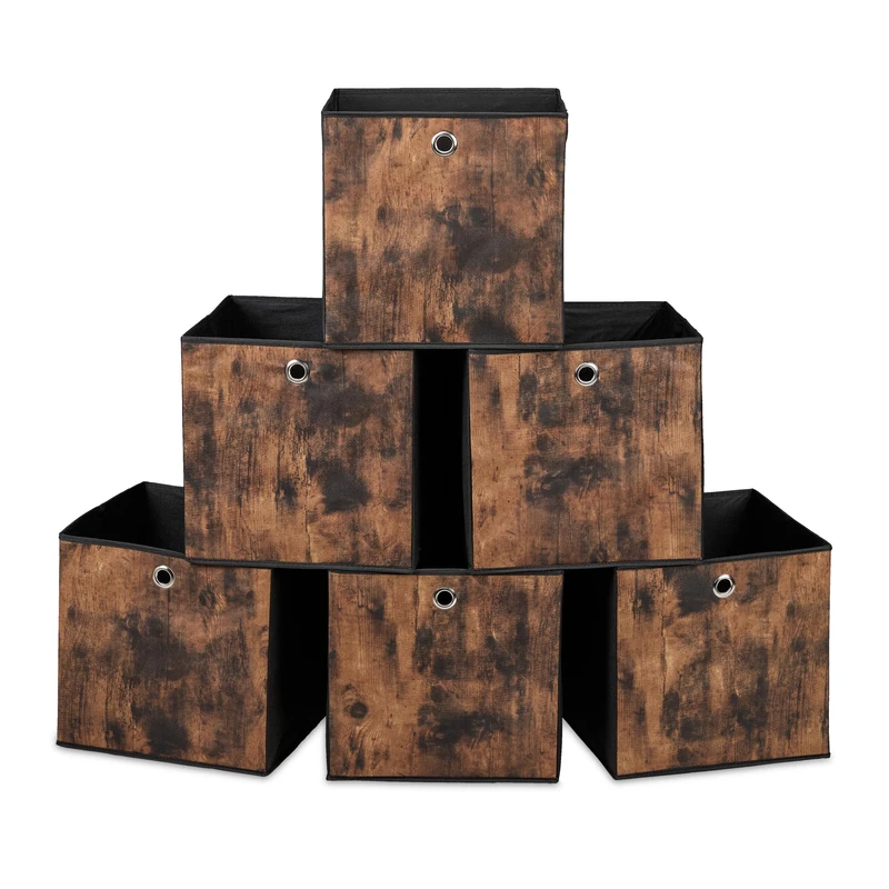 Relaxdays Fabric Storage Cubes, Set of 6, HxWxD: 33x33x33 cm, Wood Effect, Foldable, Shelf Organiser Boxes, Black/Brown