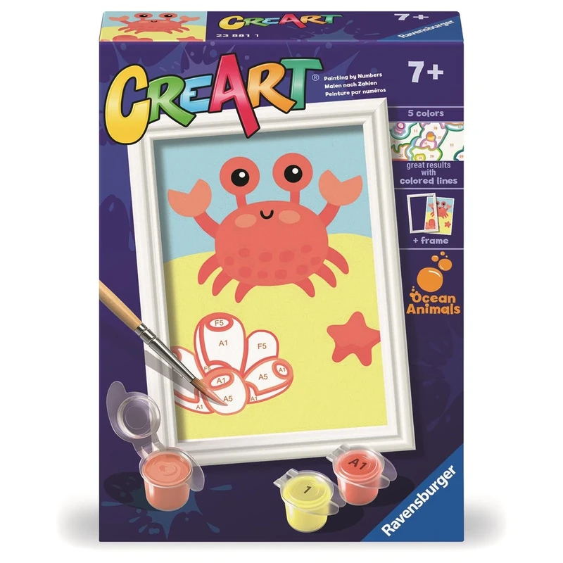 Ravensburger - CreArt F Series: Crab, Paint by Numbers, Painting Kit Children, Frame Included, Educational and Creative Game, Gift Idea Children 7+ Years, 12 x 8.5 cm